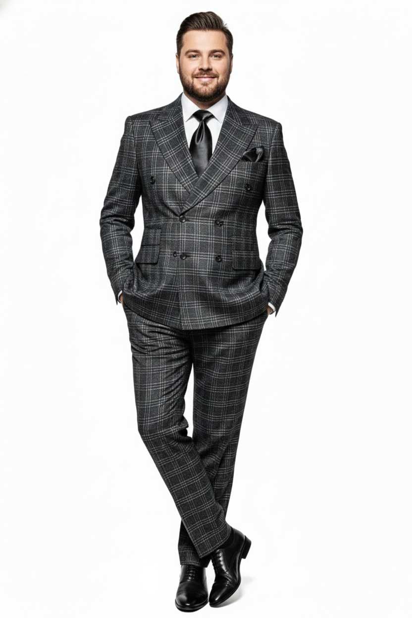 Mens Charcoal Plaid Double-Breasted Suit Tailored Pants Windowpane Pattern By Rossiman