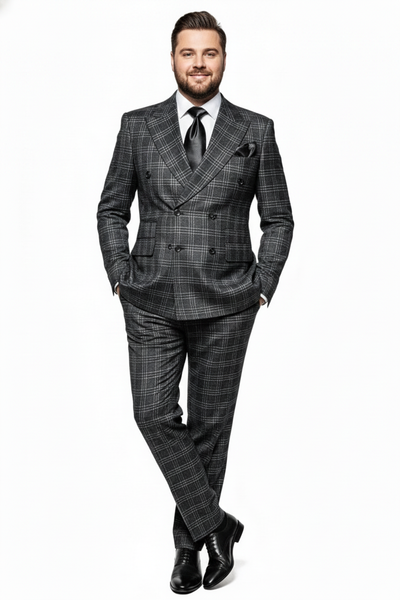 Mens Charcoal Plaid Double-Breasted Suit Tailored Pants Windowpane Pattern By Rossiman