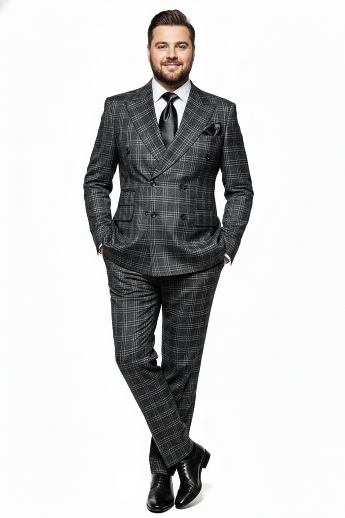 Mens Charcoal Plaid Double-Breasted Suit Tailored Pants Windowpane Pattern By Rossiman