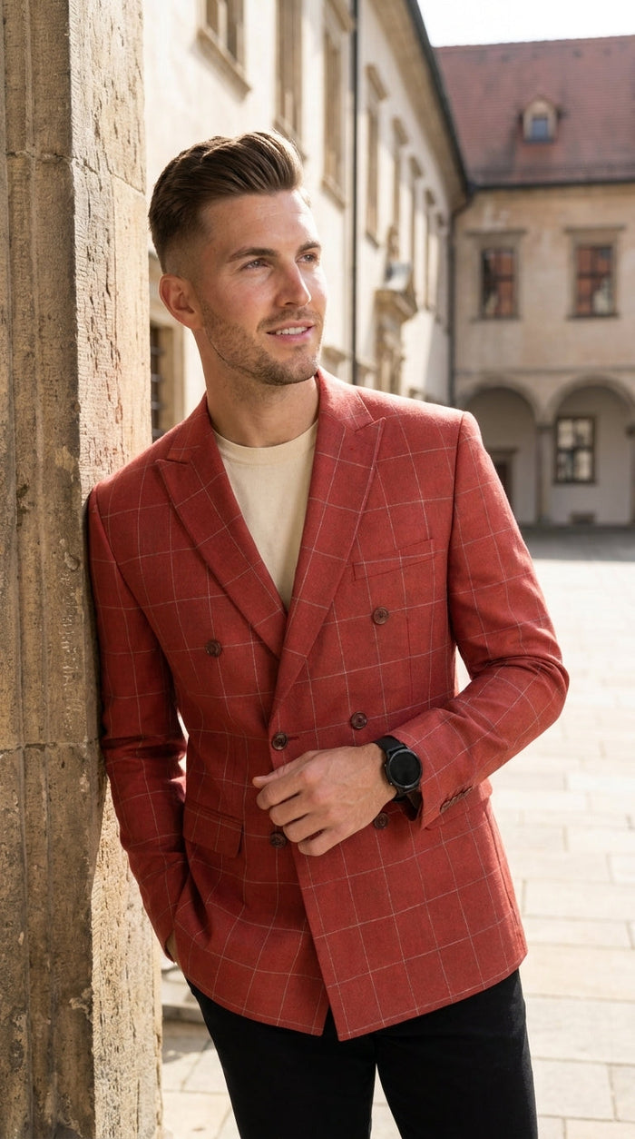 Men's Red Windowpane Plaid Double Breasted Suit – Modern Fit 2 Piece