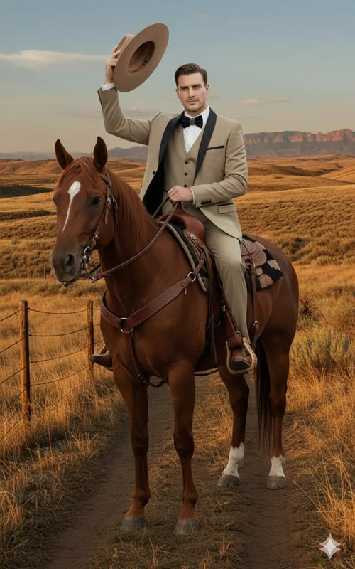 Mens Western Cowboy Suit 3-Piece Tan Tuxedo with Black Lapel, Vest, and Pants Beige  Color