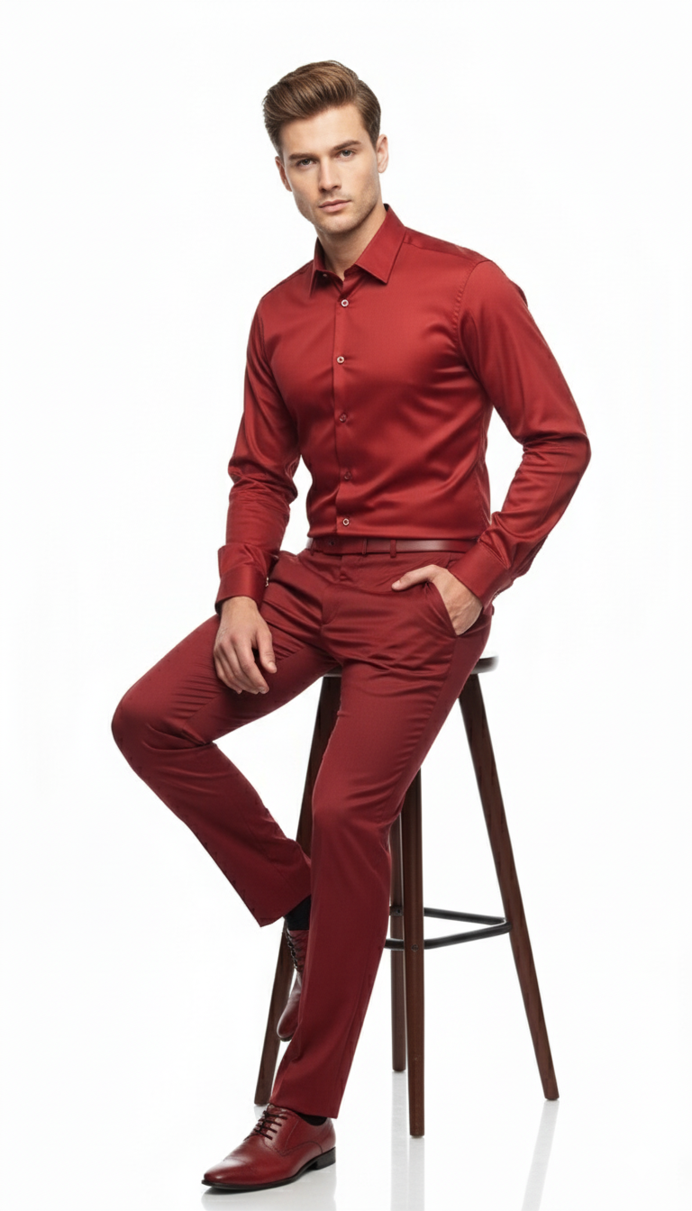 Men’s Red Satin Dress Shirt – Luxury Long Sleeve Formal Shirt for Parties, Weddings, and Business Wear - 15.5"Neck-34-35" Sleeve