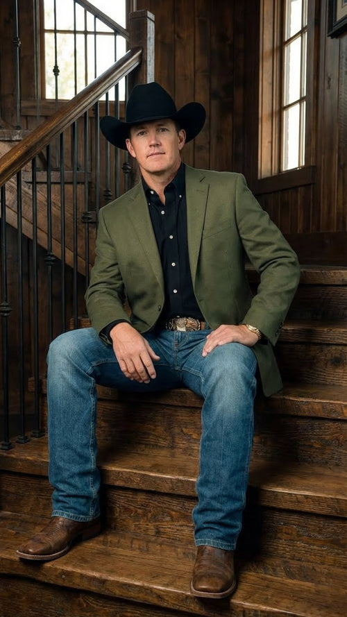 Mens Olive Green Western Blazer Jacket, Classic Cowboy Style Sport Coat for Casual Formal Wear with Jeans