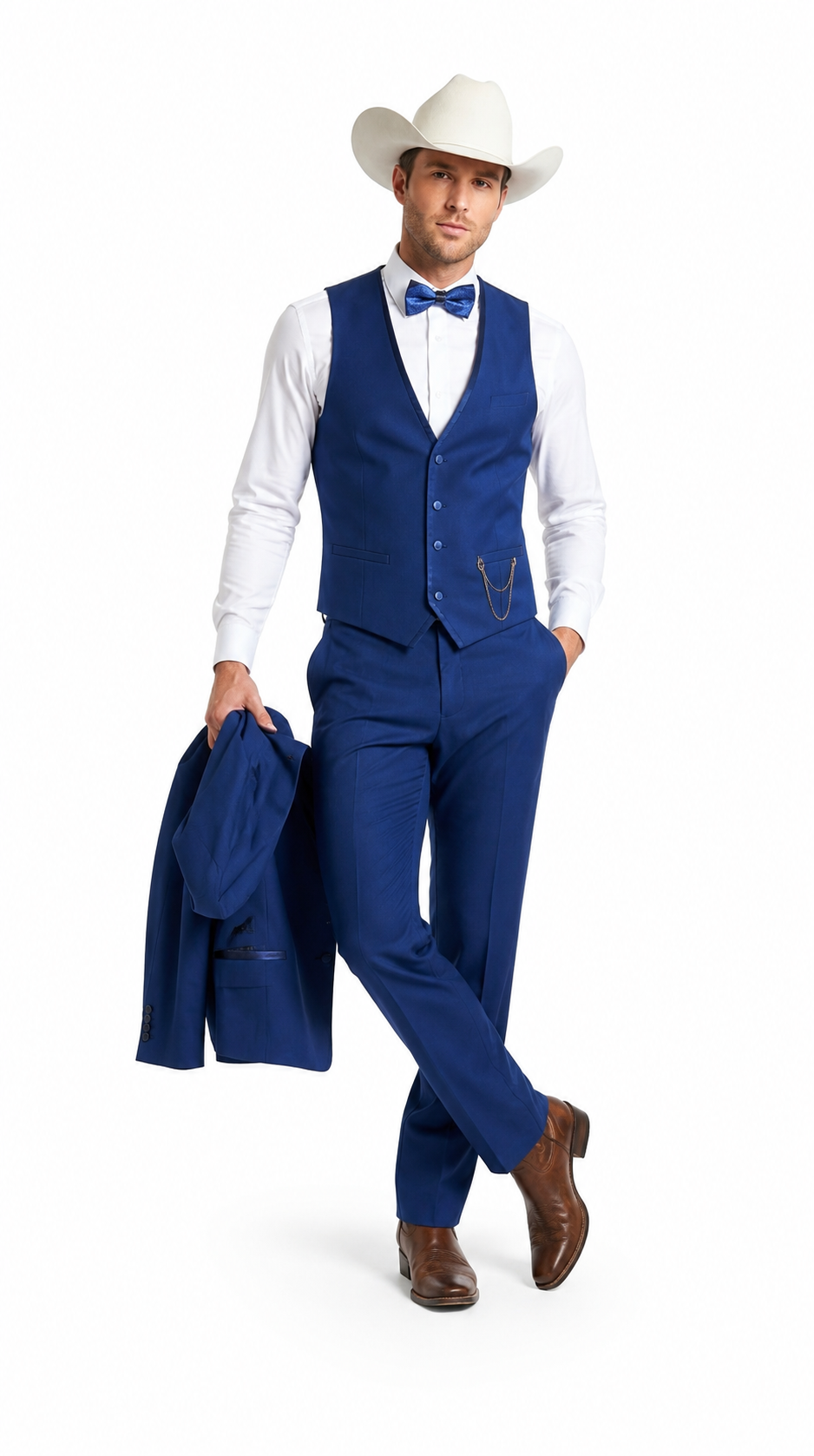 Men’s Blue Western Tuxedo Suit, 3 Piece Cowboy Formal Wedding Prom Suit with Satin Trim - 34 Short or Extra Small