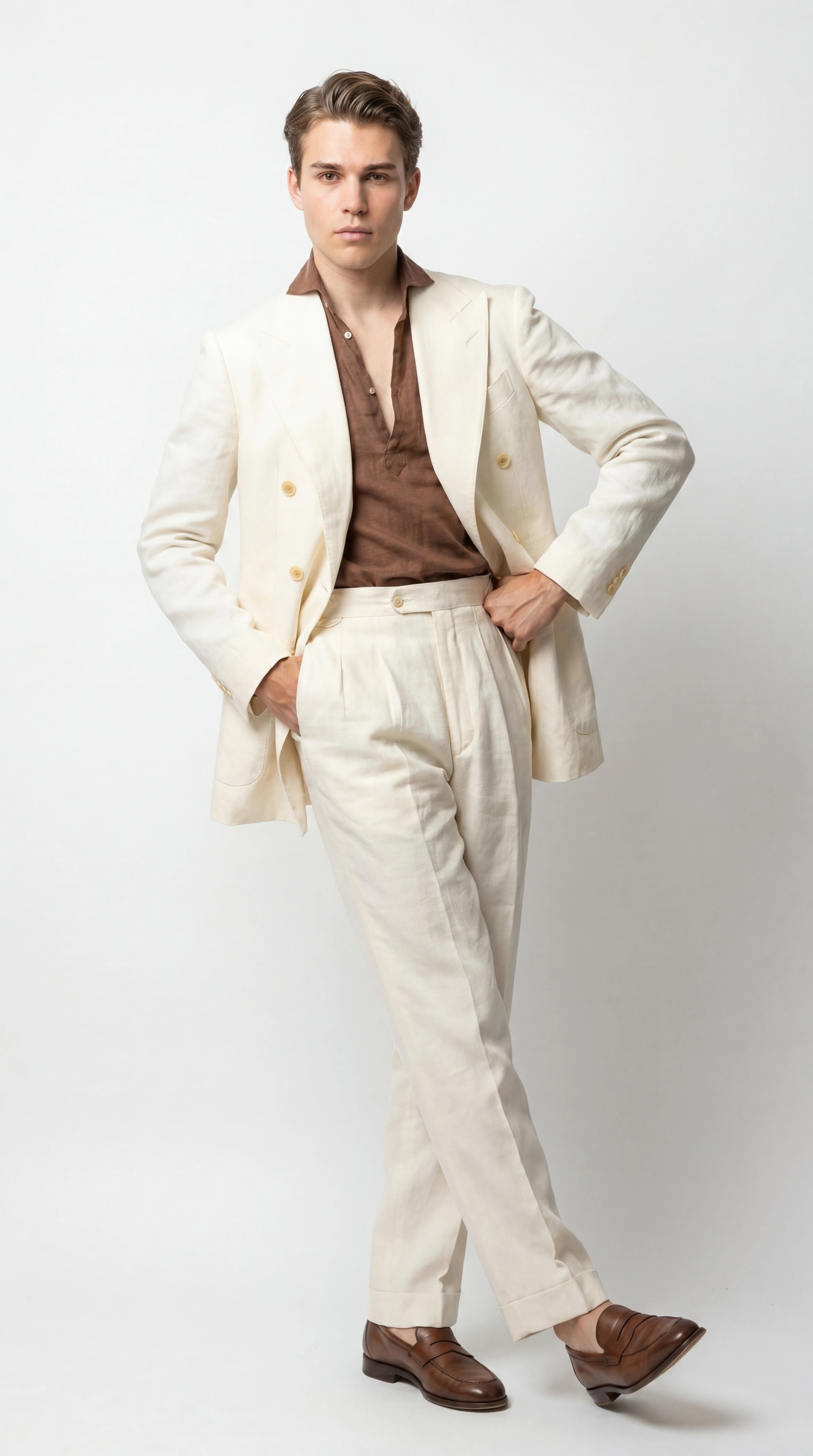 Men’s Off White 70s Style Double Breasted Suit – Vintage Retro Wide Lapel Classic Outfit for Party, Wedding and Casual Fashion Wear - 34 Short or Extra Small