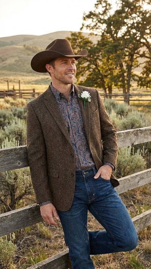 Mens Brown Western Tweed Herringbone Blazer Jacket  Classic Cowboy Style Sport Coat for Wedding Party