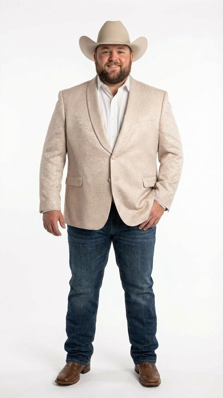 Men’s Tan Khaki Beige Cream Champaign Paisley Western Blazer Jacket, Embossed Dress Sport Coat for Wedding Party Rodeo Style - 36 Short