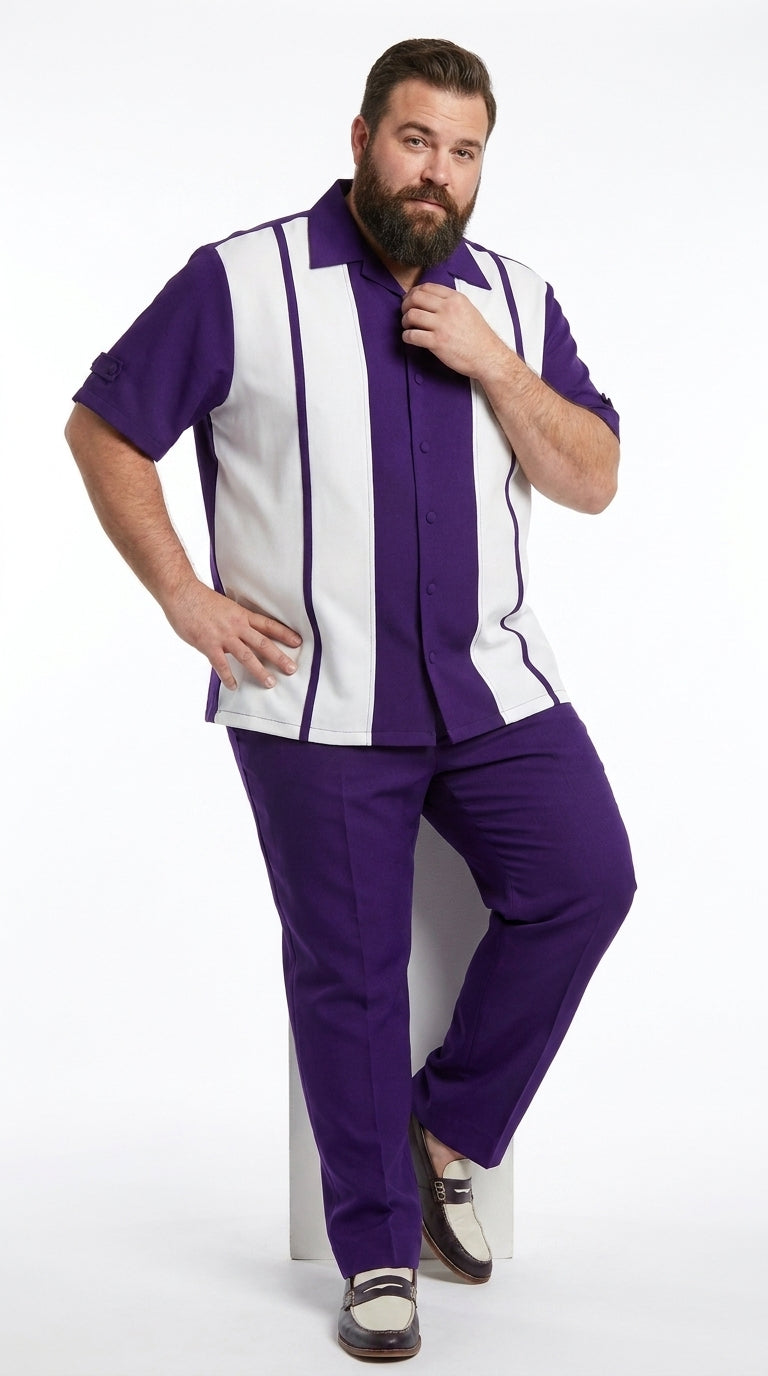 Men’s Purple and White Walking Suit – 2-Piece Short Sleeve Casual Leisure Outfit - Small