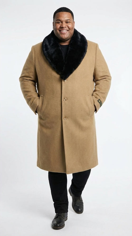 Mens Camel Tan Long Overcoat with Black Faux Fur Collar - Wool Topcoat Three if not Full length