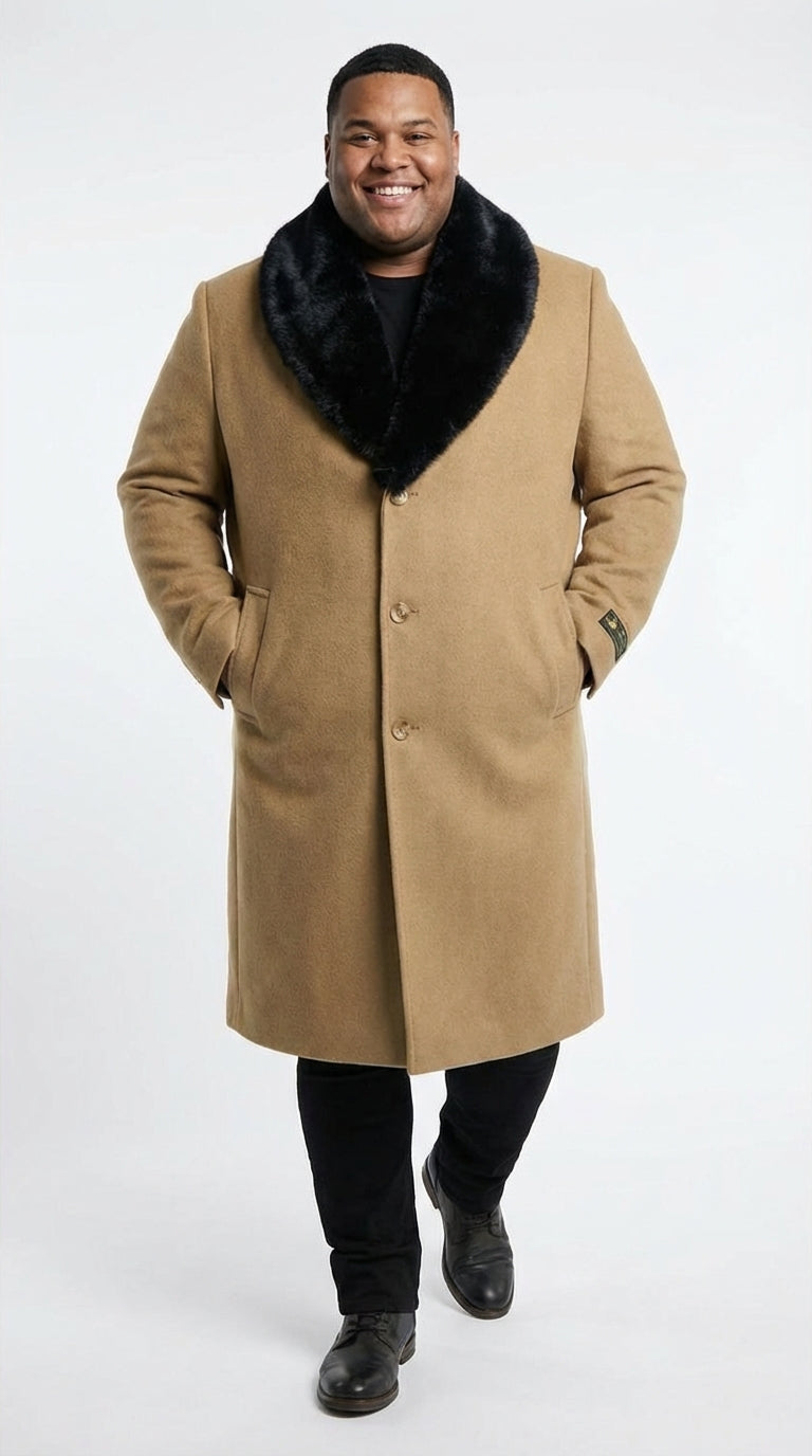Mens Camel Tan Long Overcoat with Black Faux Fur Collar - Wool Topcoat Three if not Full length - Three Quarter