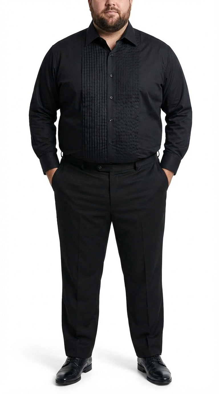 Men’s Black Pleated Tuxedo Dress Shirt | Formal Laydown Collar Button-Up Shirt for Weddings & Black Tie By Tiglio - 15.5" Neck / 34–35" Sleeve