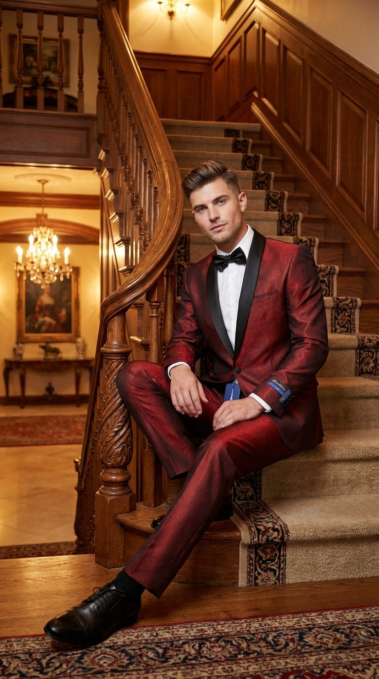 Mens Shiny Burgundy Satin Tuxedo Jacket with Black Shawl Lapel | Formal Wedding & Prom Blazer - Sharkskin Fabric - 34 Short or Extra Small