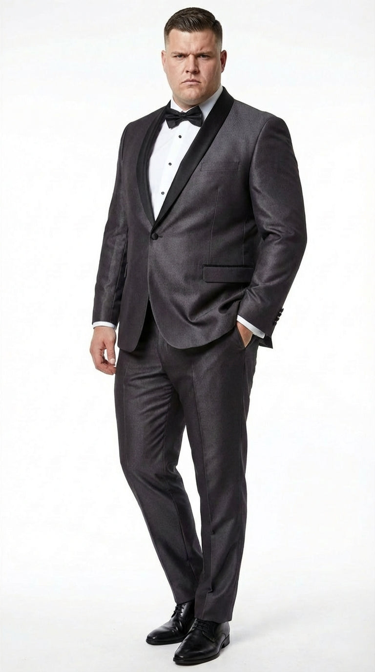 Mes Shiny Sateen Charcoal Gray Tuxedo 3 Piece Suit with Black Shawl Lapel | Formal Wedding Prom Suit Sharkskin