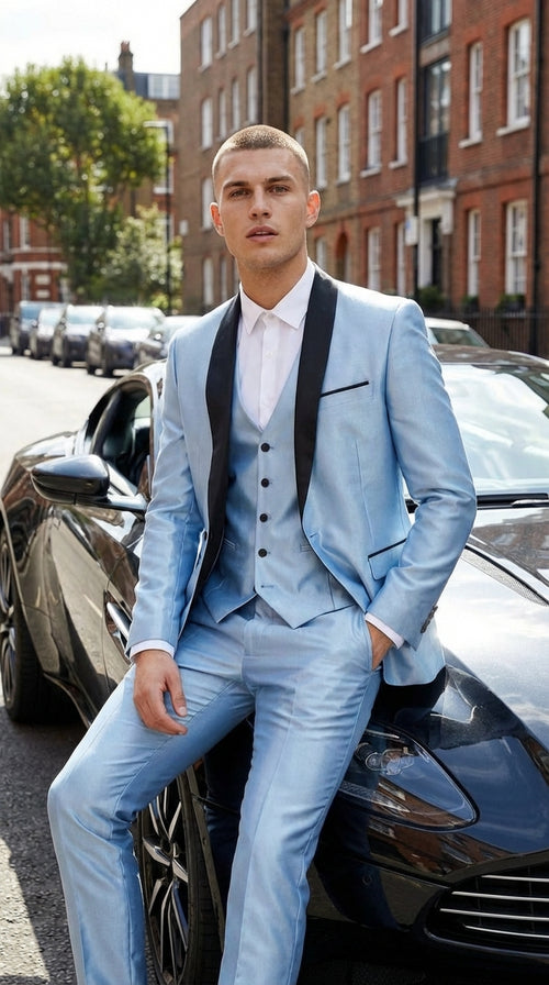 Mens Light Blue Shiny 3 Piece Suit with Black Shawl Lapel | Formal Wedding Prom Suit - Sateen Sharskin Suit