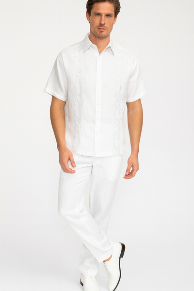 Mens Linen White Embroidered Guayabera Two-Piece Set â€“ Short Sleeve Shirt and Pants - Summer Walking Suit