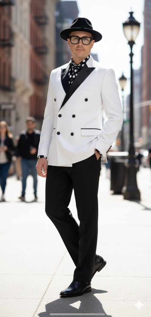 Mens White and Black Double-Breasted Tuxedo Modern Slim Fit Formal Suit for Weddings, Parties, and Special Occasions