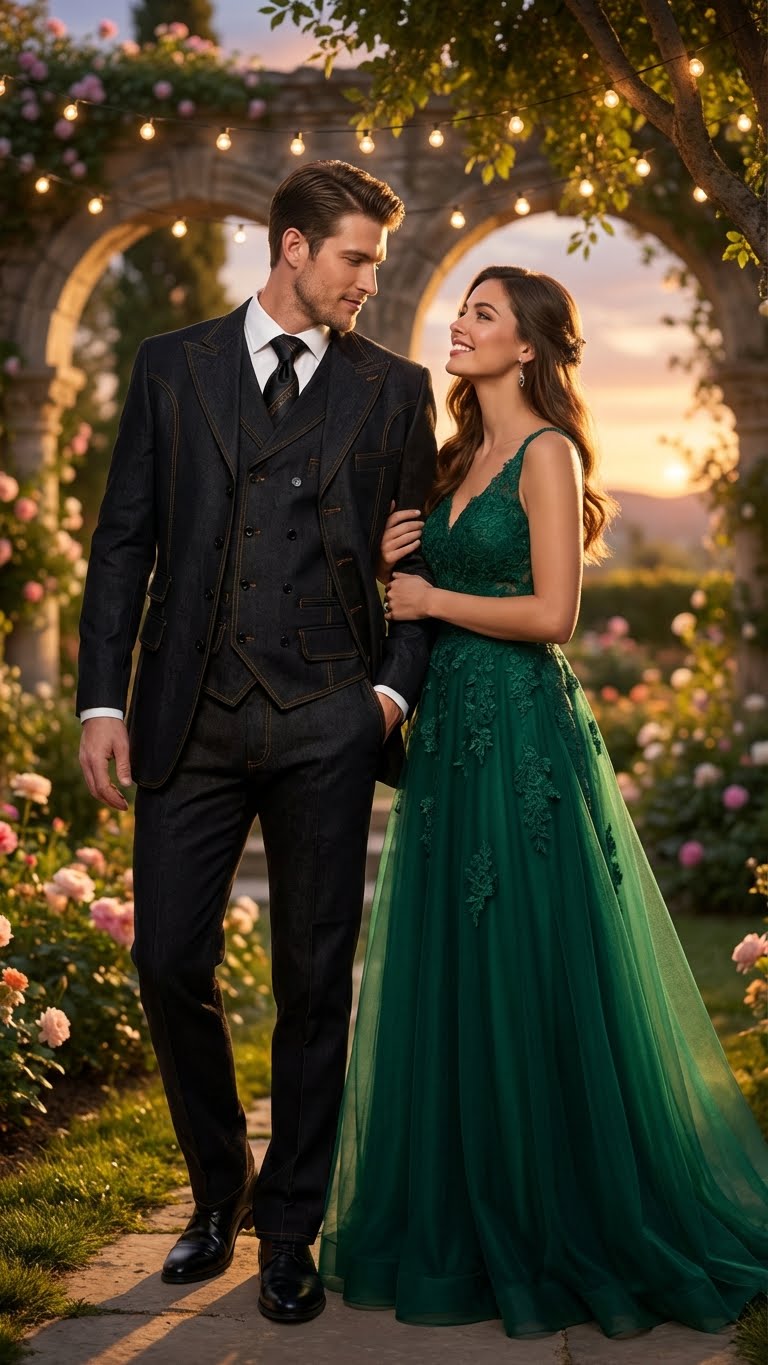 Men's Black Denim Fabric Suit – Classic Three Piece Denim Suit for Wedding, Prom and Church Wear - 34 Short or Extra Small