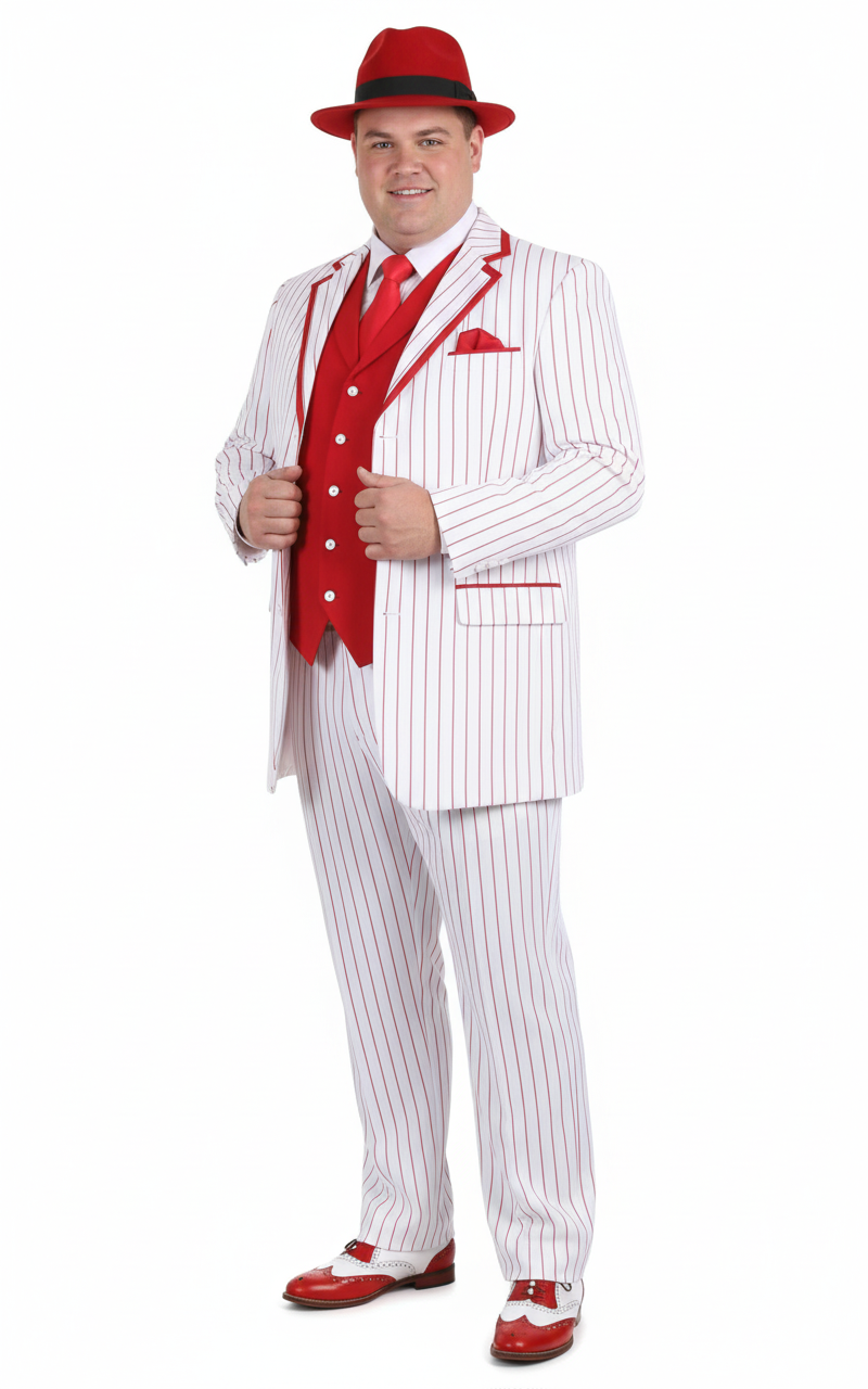 Men’s 1920s White and Red Pinstripe Zoot Suit with Fedora Hat and Wingtip Shoes – Vintage Gangster 3-Piece New Year Holiday Christmas Suit - 34 Short or Extra Small