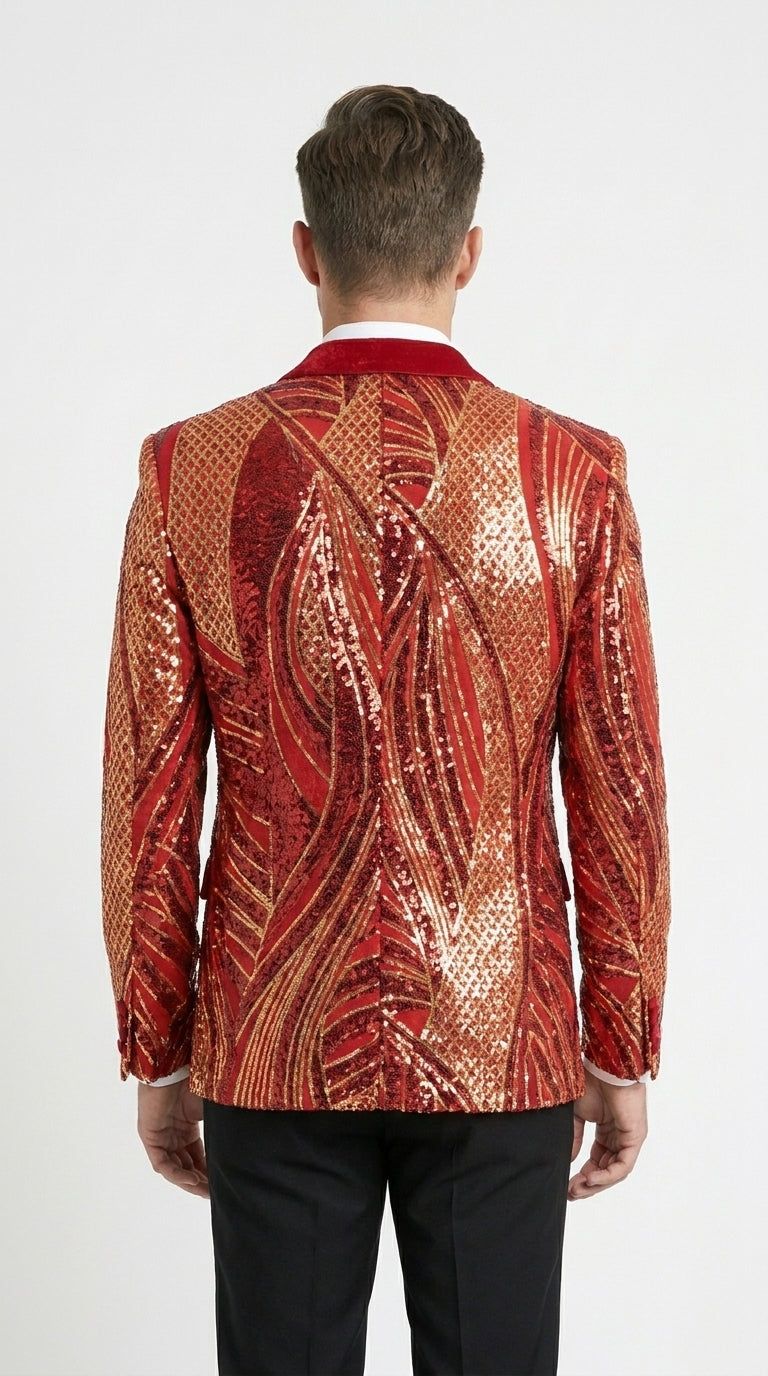 Men’s Red and Gold Sequin Christmas Holiday Blazer – Luxury Party Jacket for New Year, Wedding and Festive Events - 36 Short