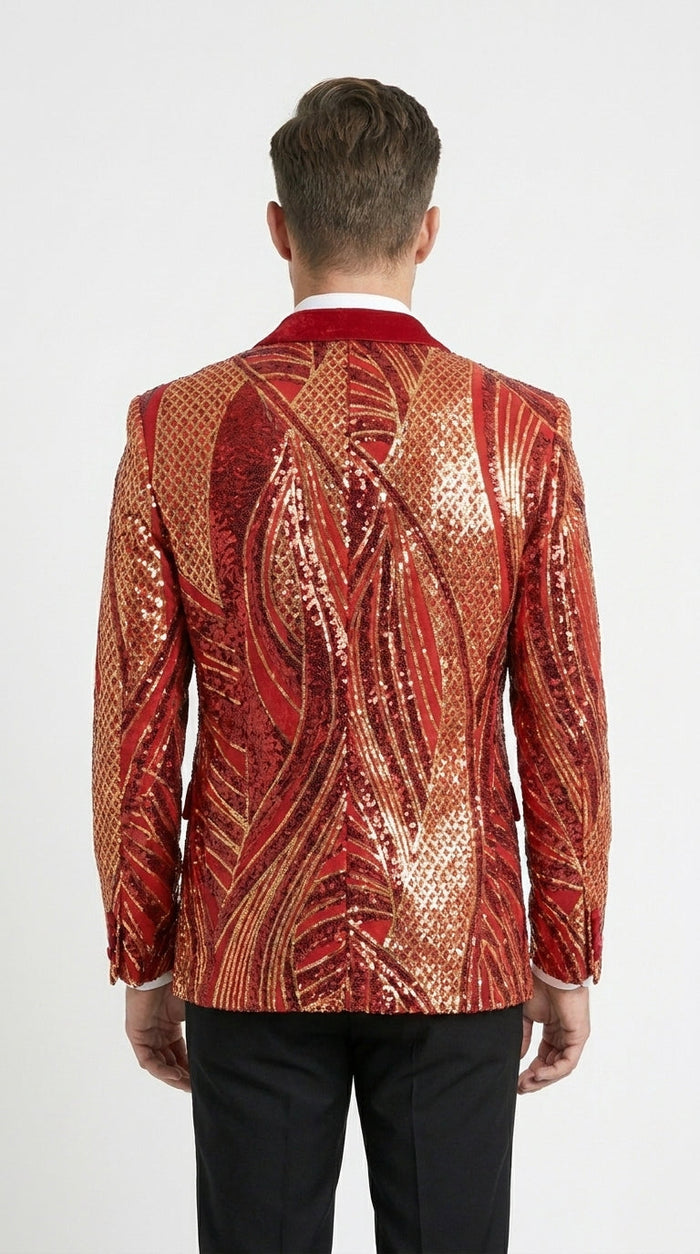 Men’s Red and Gold Sequin Christmas Holiday Blazer – Luxury Party Jacket for New Year, Wedding and Festive Events