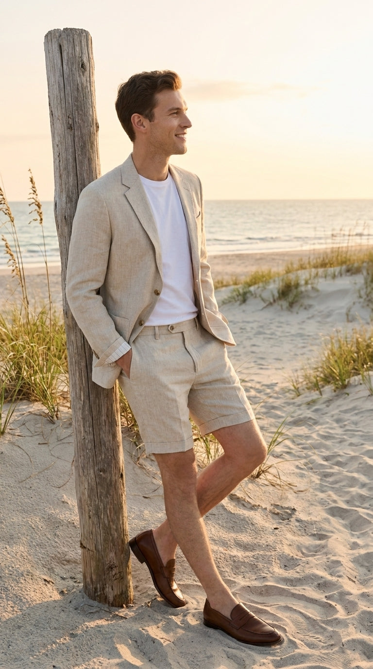 Men’s Tan Linen Suit with Shorts, 2 Piece Summer Short Suit, Casual Beach Wedding Outfit - 34 Short or Extra Small