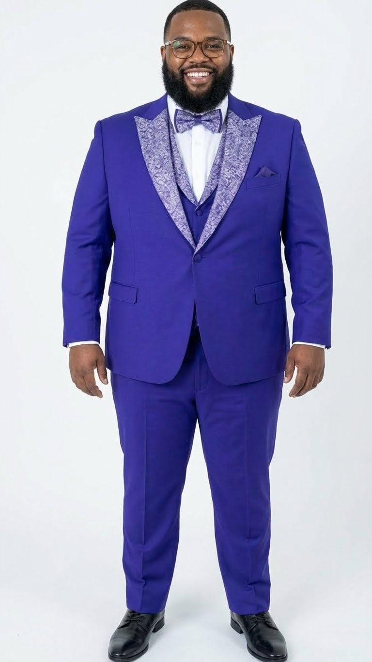 Men’s Purple and white sivler lapel  Embellished Tuxedo Suit –  Formal Wedding, Prom, and Gala Outfit Mardi Gras - 34 Short or Extra Small