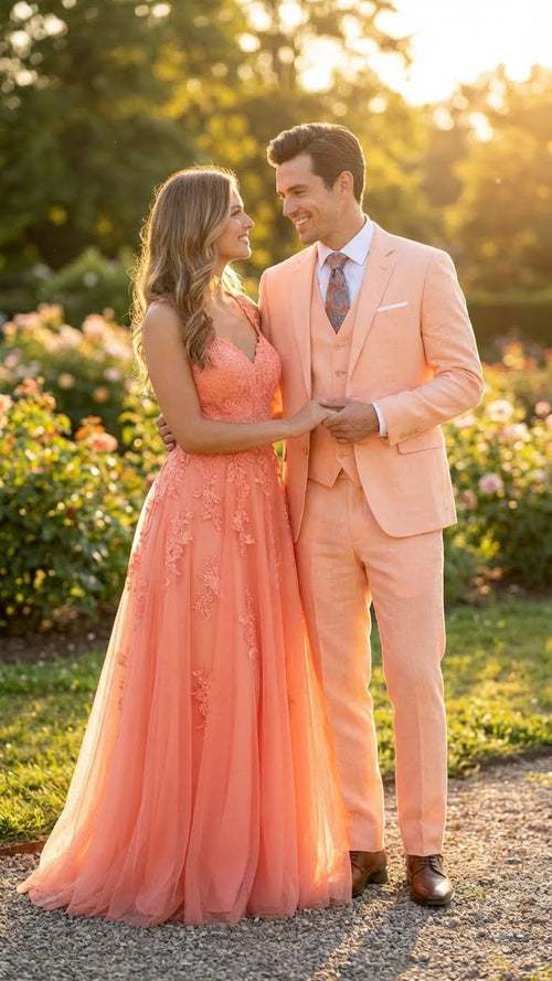 Mens Light Peach 3 Piece Suit Set with Vest, Prom Wedding Dress Suit