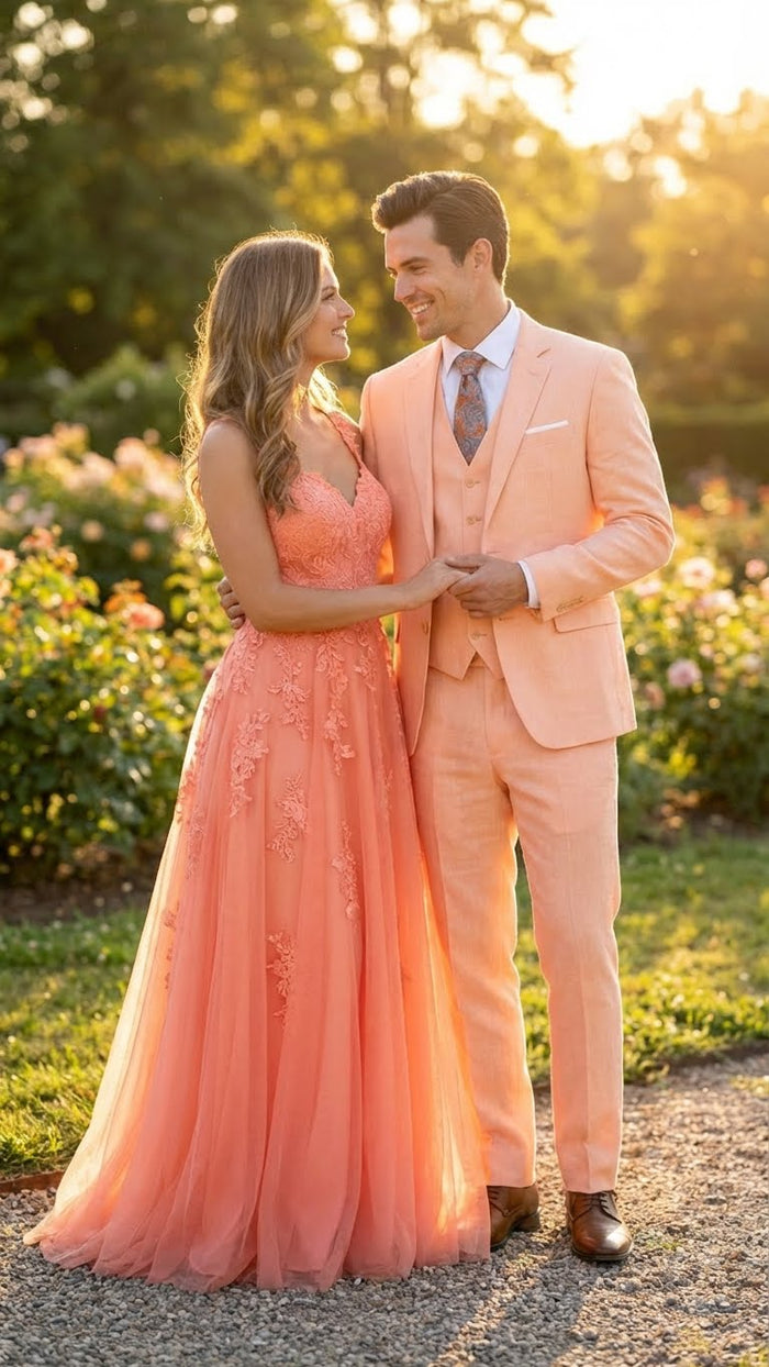 Mens Light Peach 3 Piece Suit Set with Vest, Prom Wedding Dress Suit