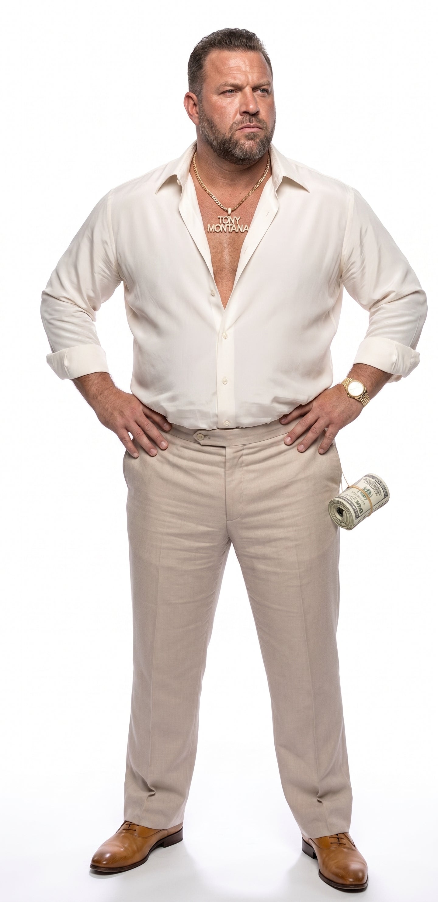 Tony Montana’s White Linen Shirt and Tan Pants – Men’s White Formal Shirt with Tan Trousers for Party, Wedding and Vintage Style Outfit - 15.5” Neck / 32-33” Sleeve