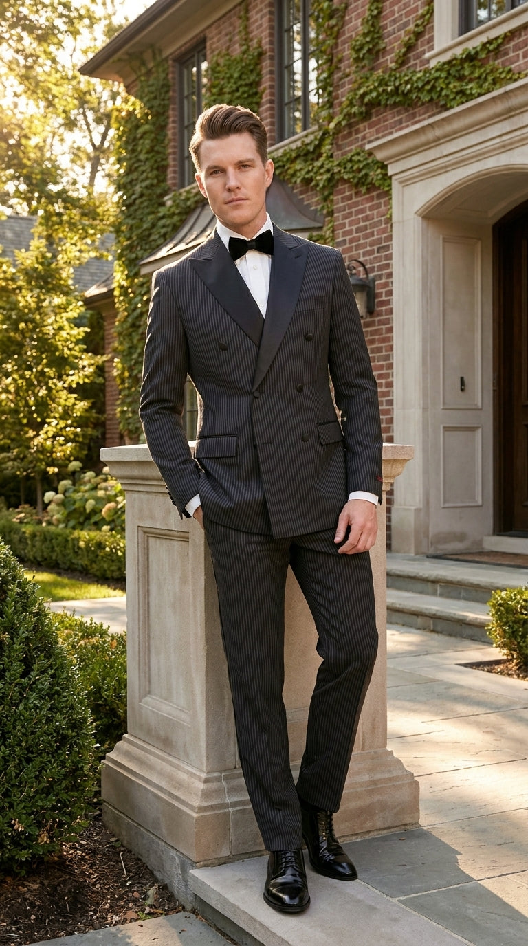 Men’s Double Breasted Suit – Classic Peak Lapel Formal Tuxedo Style Suit for Wedding in Black Ton on Tone Pinstripe - 34 Short or Extra Small