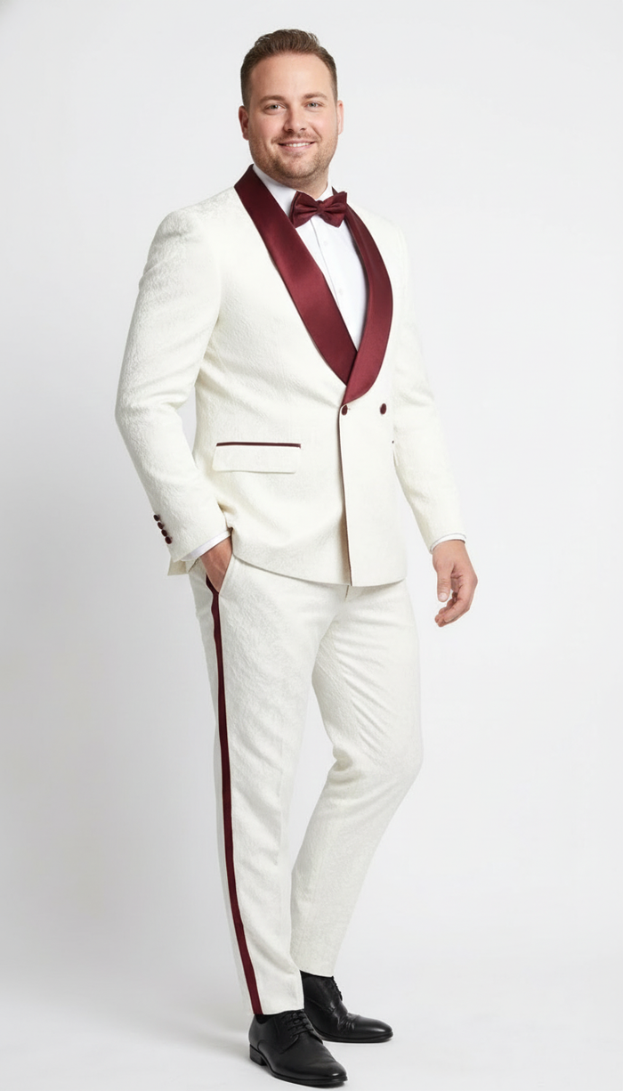 Mens Ivory and Burgundy Jacquard Tuxedo Suit Luxury Slim Fit 3-Piece Formal Wedding, Prom, and Gala Outfit in Cream Off White Color