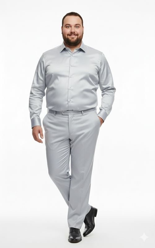 Mens Silver Satin Dress Shirt and Pants Set Luxury Slim Fit Outfit for Parties, Weddings, and Formal Events