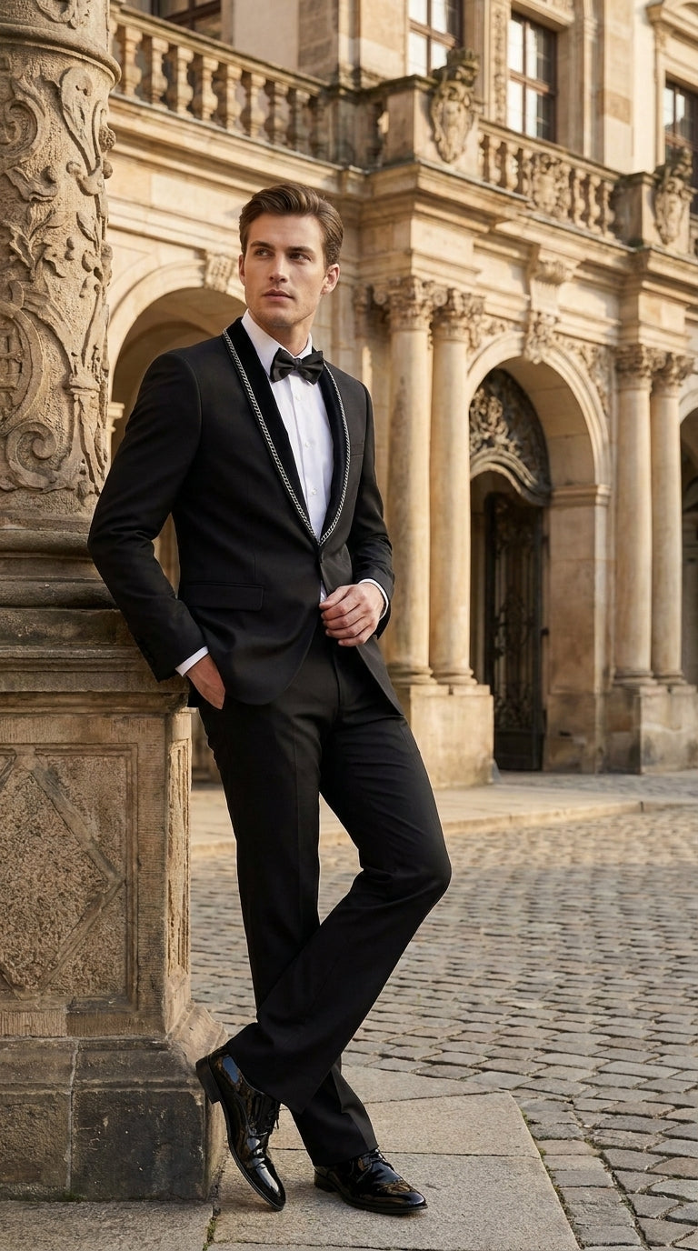 Men’s 1970s Style Black Boot Cut Tuxedo Suit – Shawl Lapel Wedding, Prom and Formal 2-Piece Suit - 34 Short or Extra Small