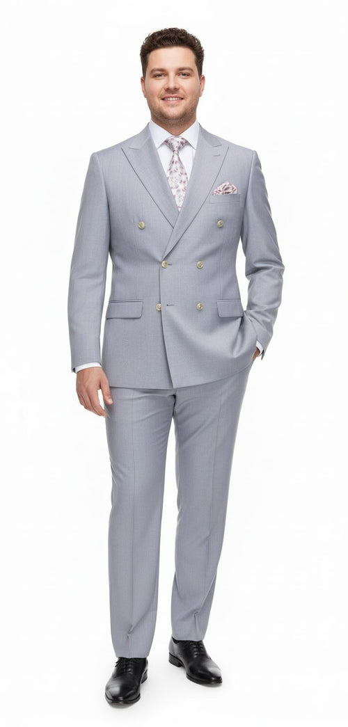 Mens Silver Grey Double-Breasted 3-Piece Suit Classic Tailored Fit with Peak Lapel and Gold Buttons for Weddings, Church and Formal Events