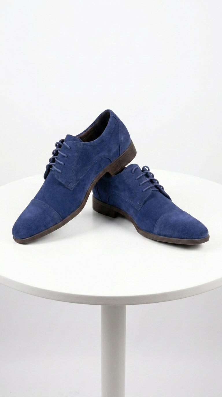 Men’s Navy Blue Suede Cap Toe Dress Shoes – Classic Lace Up Formal Wedding and Prom Shoes Velvet Fabric - 6 Standard / D / Medium