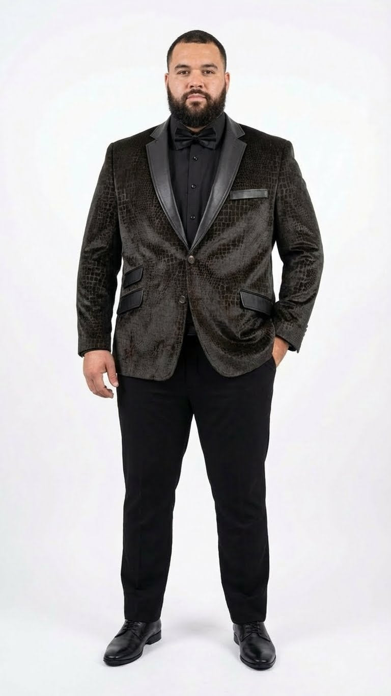 Men’s Crocodile Alligator Exotic skin Texture Blazer – Slim Fit Designer Jacket with Satin Lapels for Formal and Party Wear in Black Color - 36 Short