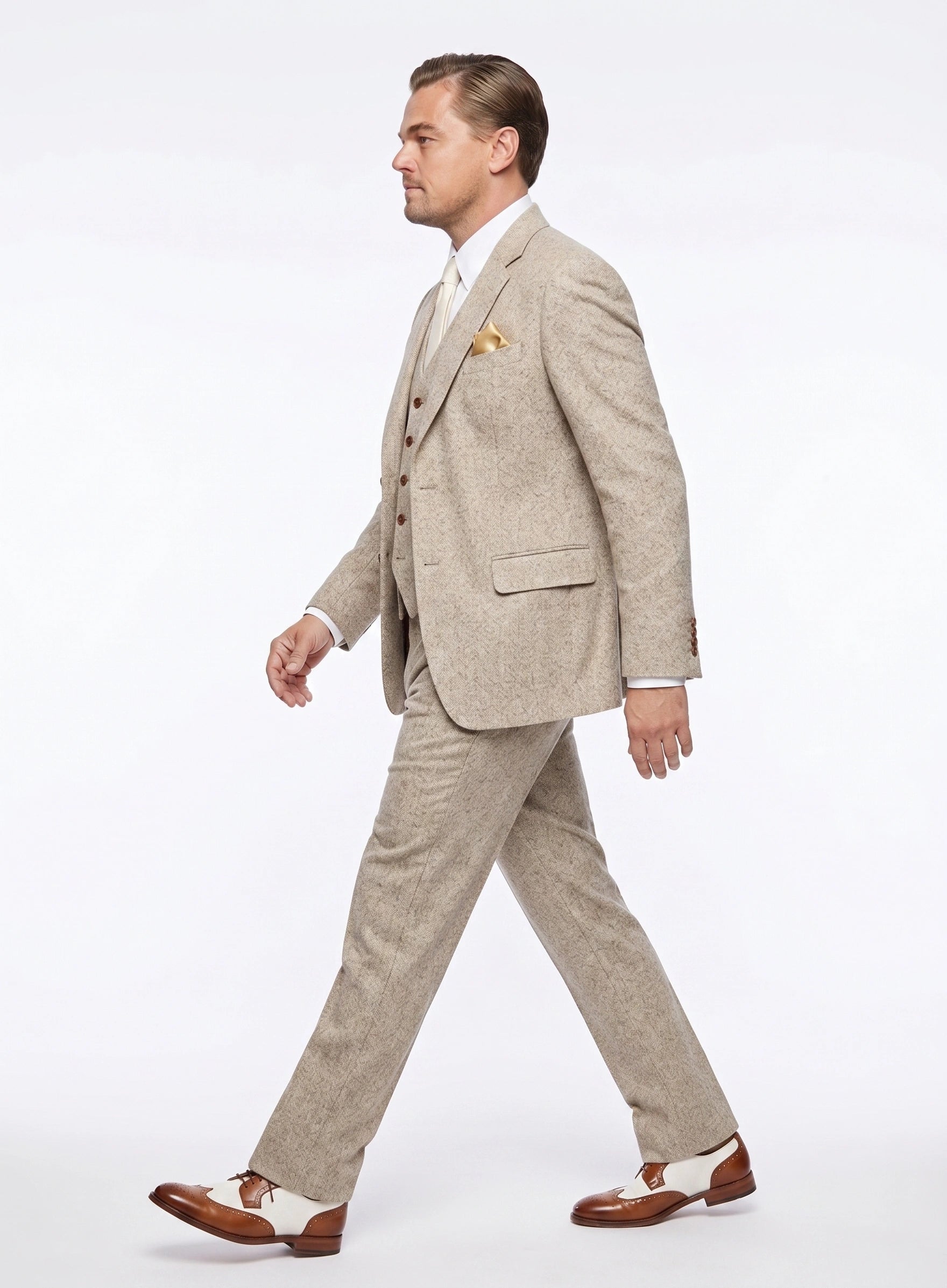 Men’s Light Tan Tweed Great Gatsby 3 Piece Suit – Vintage Vested Wedding Suit, 1920s Classic Formal Outfit Herringbone - 34 Short or Extra Small