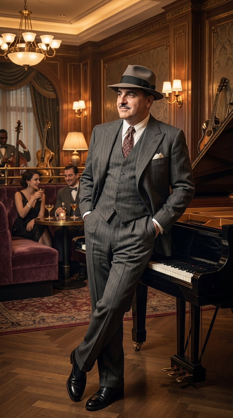 Al Capone Mens Charcoal Gray Stripe 3-Piece Gangster Style Suit 1920s Jazz Club Inspired Formal Suit Outfit - Suit