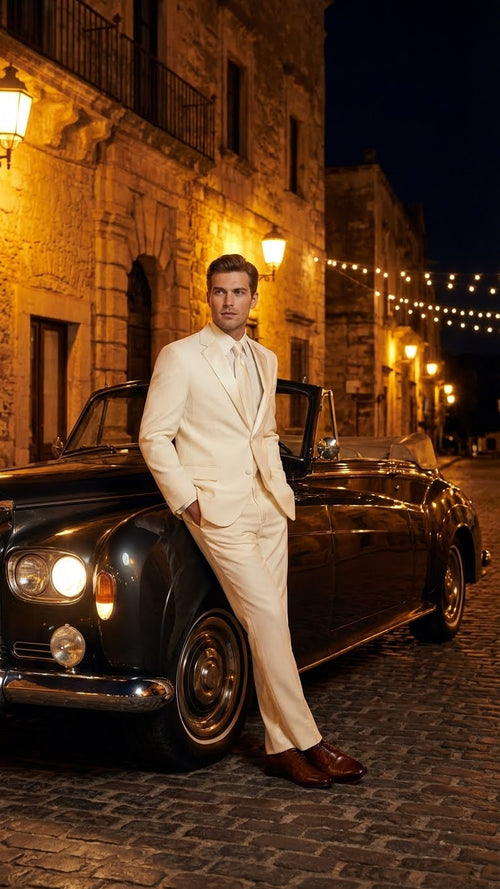 Mens Ivory Tuxedo Suit with Satin Notch Lapel Formal Wedding and Evening Wear Suit in Cream Off White Color