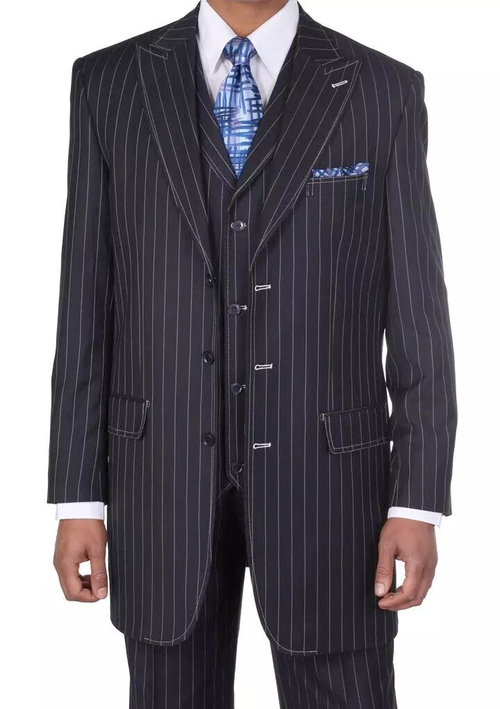 Men's Three Button Suits -  Navy Blue Pinstripe Three-Piece Suit Classic Business and Formal Wear with Tailored Fit