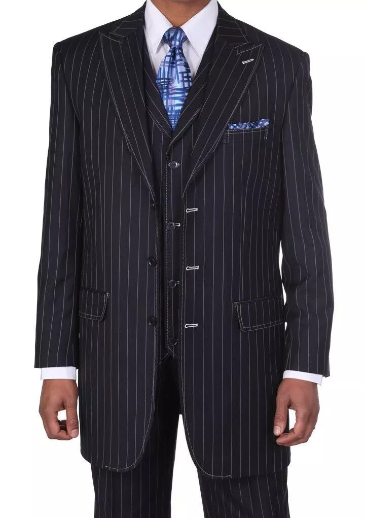 Men's Three Button Suits -  Navy Blue Pinstripe Three-Piece Suit Classic Business and Formal Wear with Tailored Fit