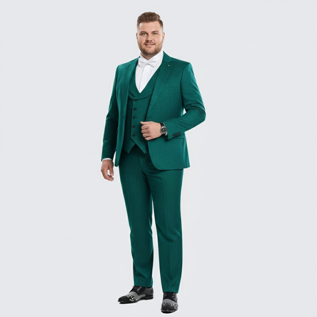 Men’s Emerald Green Textured 3-Piece Suit – Polk Dot Pattern Formal Wedding, Prom, and Evening Wear Outfit - 34 Short or Extra Small