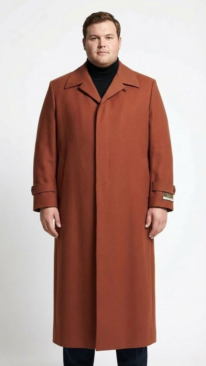 Mens Full-Length Cognac Overcoat Premium Wool-Blend Long Dress Coat for Winter and Formal Wear in Rust Brick Color