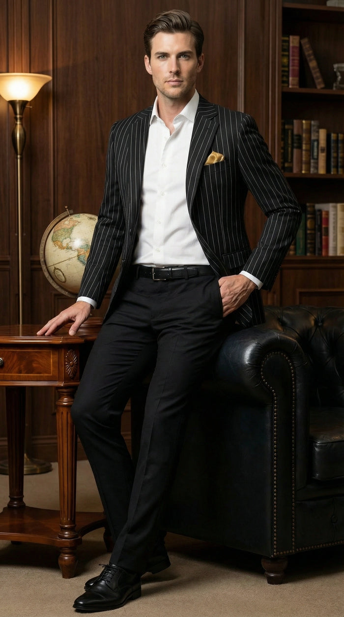 Mens Black Pinstripe Blazer Classic Tailored Formal Jacket for Business, Office and Evening Wear