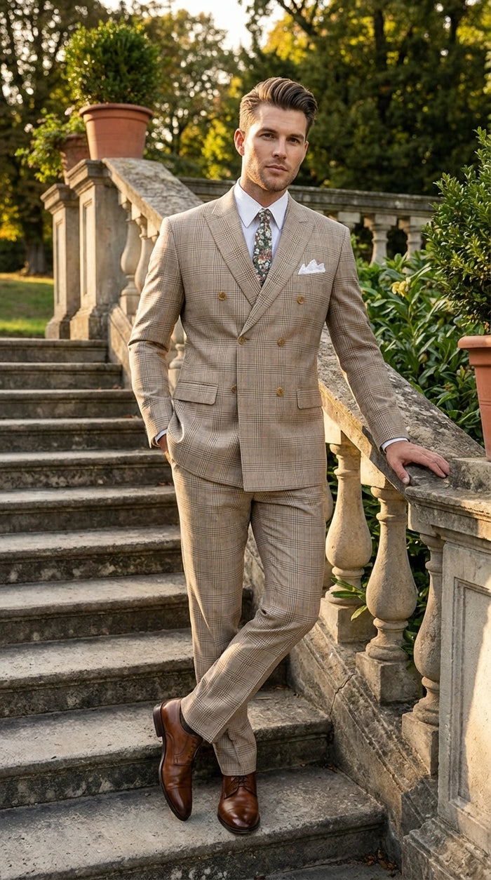 Vinci Mens Beige Plaid Double Breasted Suit Classic Checkered Formal Suit Set in Tan Color Windowpane Checkered Pattern
