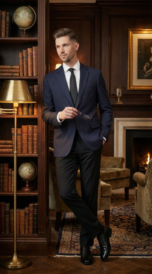 Mens Navy Blue Pinstripe Blazer Classic Tailored Formal Jacket for Business, Office and Professional Wear