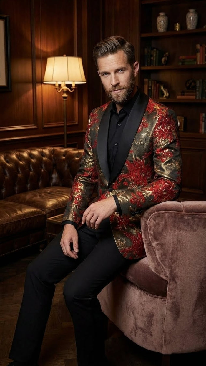 Mens Red and Gold Floral Pattern Paisley  Shawl Lapel | Luxury Evening and Party Wear Jacket Prom Christmas New Year Blazer