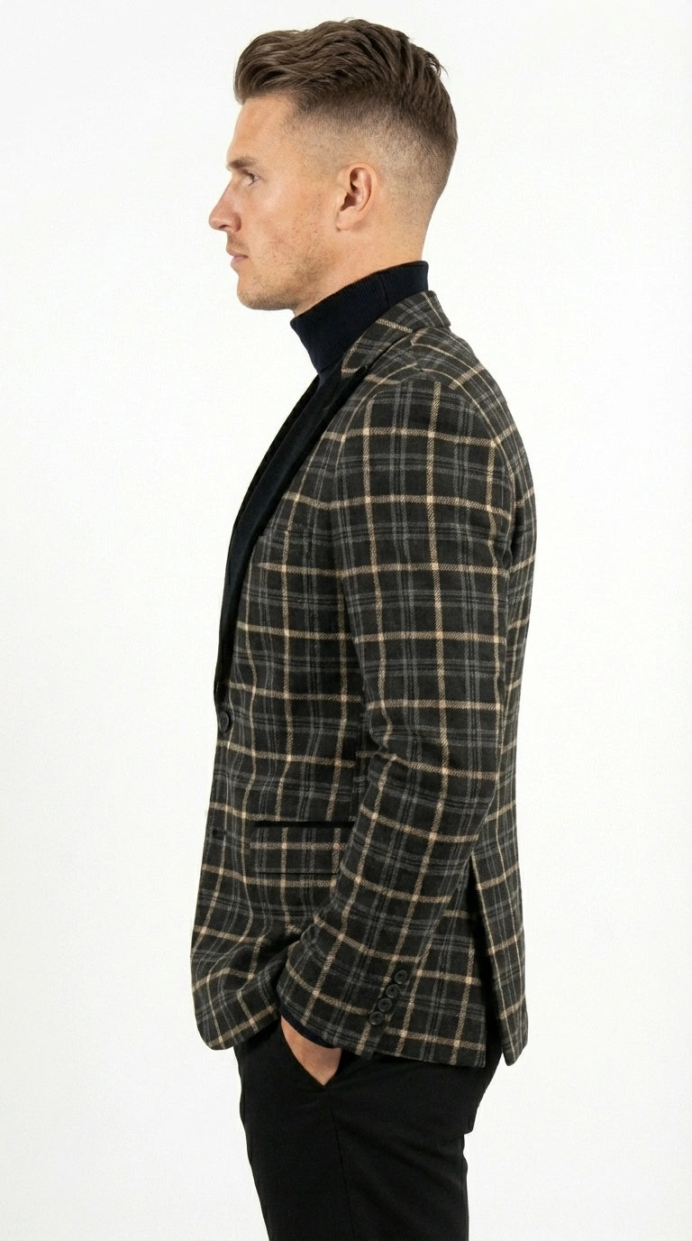 Mens Tartan Black and Gold Check Blazer – Windowpane Plaid Sport Coat Velvet Lapel Formal Party Jacket Chirsitmas New Year Holiday Jacket - 36 Short
