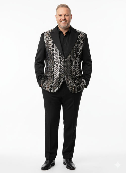 Mens Black and White and Silver Sequin Embroidered Blazer Luxury Designer Party Wear with Geometric Detailing