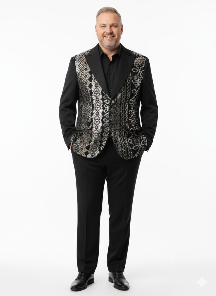 Mens Black and White and Silver Sequin Embroidered Blazer Luxury Designer Party Wear with Geometric Detailing